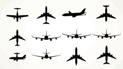 A diverse collection of various aircraft silhouettes representing different perspectives and models
