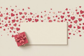A Valentine's Day themed image featuring a gift box, hearts, and a blank card for a romantic message.