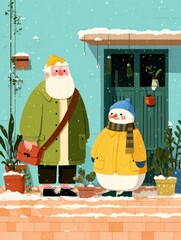 Charming winter scene with a bearded man and a snowman