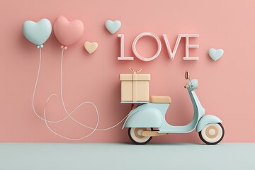 A charming Valentine's Day scene featuring a scooter delivering a gift, adorned with heart balloons and the word 'LOVE'.