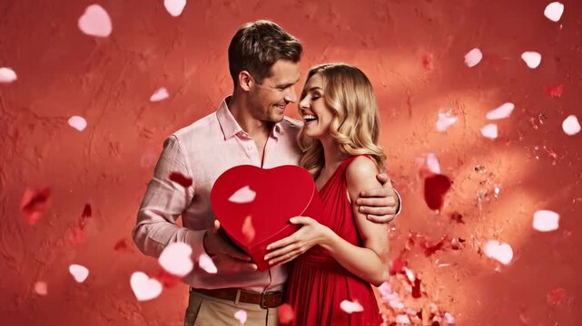 Happy caucasian man presenting heart shape gift box to surprised woman, celebrating romantic love with falling petals on Valentines day