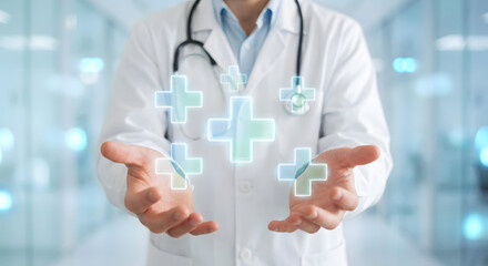 Medical Professional with Floating Healthcare Symbols and Digital Plus Signs