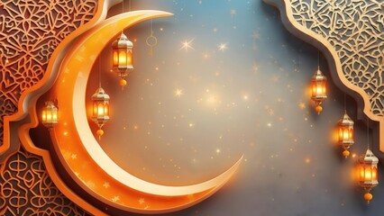 An ornate crescent moon and lanterns against a starry backdrop, framed with Islamic patterns