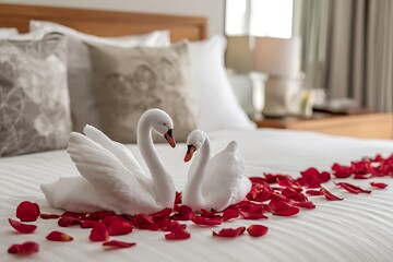 A romantic hotel room setup with swan towels and rose petals on the bed, creating a luxurious and inviting atmosphere.