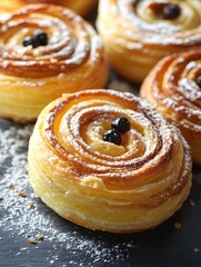 Fototapeta premium Golden Swirl Pastries with Dark Berries and Powdered Sugar