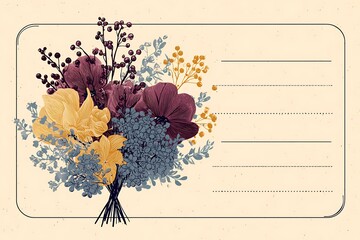 A vintage-style floral card featuring a bouquet of yellow, purple, and blue flowers with space for a personalized message.
