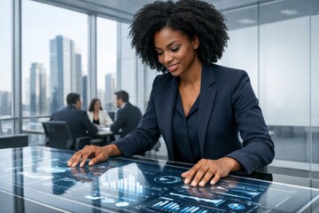 Confident businesswoman using futuristic interface on transparent touchscreen table in modern office, with team meeting in background. Concept of innovation. Ai generative