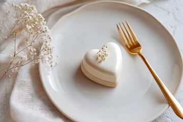 Elegant heart-shaped cake with baby's breath on a white plate, accompanied by a gold fork, creating a romantic and celebratory atmosphere.