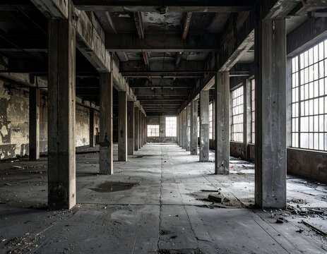 Interior perspective of an empty, deteriorating industrial building with concrete pillars and large windows, revealing decay