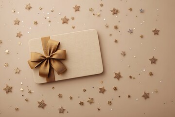 A beautifully wrapped gift with a golden bow surrounded by sparkling stars and confetti, perfect for any celebration.