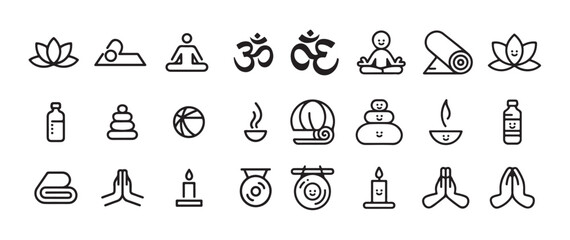 Yoga and meditation line icon set with lotus flower, om symbol, meditation pose and yoga mat