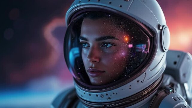 Interstellar explorer portrait, space helmet with reflection of distant galaxies 

