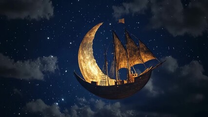 Sailing on a moonlit sea with a vintage ship against a starry sky at night