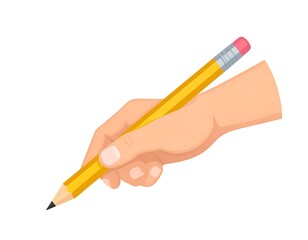 An illustrated depiction shows a hand, with a pencil grasped between the thumb and fingers, against a white backdrop