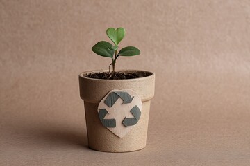 A small plant in a pot with a recycle symbol, representing growth, sustainability, and environmental awareness for a better future.