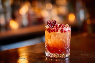 A festive and romantic pomegranate cocktail with a heart garnish, perfect for celebrating love and special occasions at the bar.