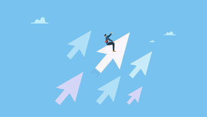 Businessman riding mouse pointer to click on button. Online advertising or digital marketing, SEO click through rate, social media marketing or search engine optimization.