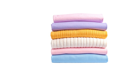A stack of neatly folded clothing pieces in various pastel colors sits centered against a black background, with visible textures