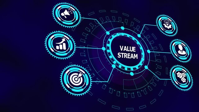 VALUE STREAM business process visualization with digital icons illustrating workflow optimization, analytics integration, efficiency tracking, and growth.