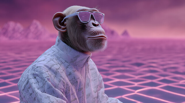Cool monkey in futuristic outfit with sunglasses on digital background