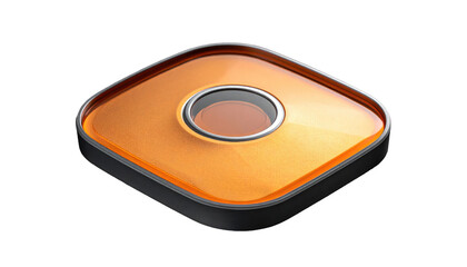 Glossy, caramel-colored square with a silver ring in the middle, set on a black base, isolated against a black backdrop