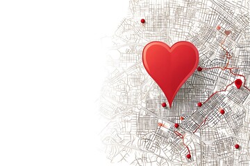 A stylized map with a prominent red heart and pins, symbolizing love, travel, and urban exploration.