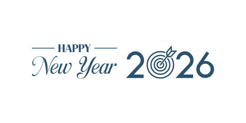 Elegant “Happy New Year 2026” typography design in dark blue on white background, modern calligraphy combined with bold numbers and swoosh element, perfect for holiday greetings, banners, and invitati © bibin
