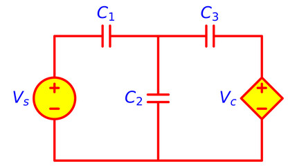 Capacitive electrical circuit diagram with multiple capacitors, independent voltage source and dependent voltage source illustrating nodal analysis and transient behavior in electronics engineering 