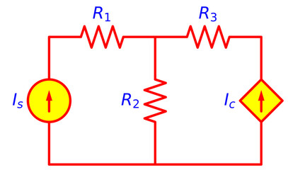 Electrical resistor network circuit diagram with independent and dependent current sources, illustrating nodal analysis, controlled source behavior and circuit theory for electronics engineering 