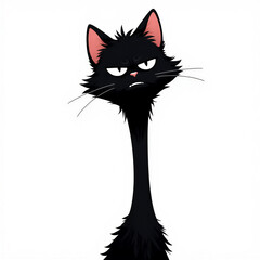 Grumpy cartoon black cat with long neck and tufted fur isolated on white background.