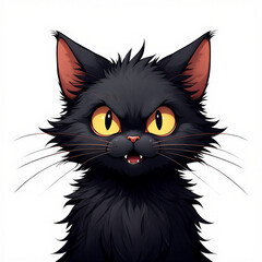 Furry black cat with glowing yellow eyes and a mischievous grin.