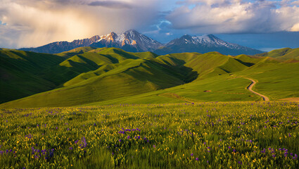 Rolling green hills under a dramatic sky leading to snow-capped peaks with a carpet of wildflowers in the foreground.