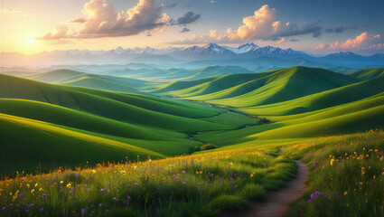 Golden sun illuminates rolling green hills a winding path and distant snow-capped peaks under a cloudy sky.