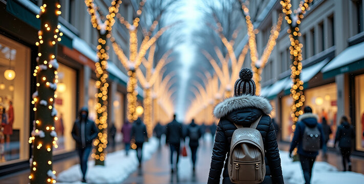 Back view of girl in winter coat on illuminated christmas shopping avenue, young woman with backpack walking along festive city street, holiday lights, cozy winter mood, urban lifestyle - Powered by Adobe