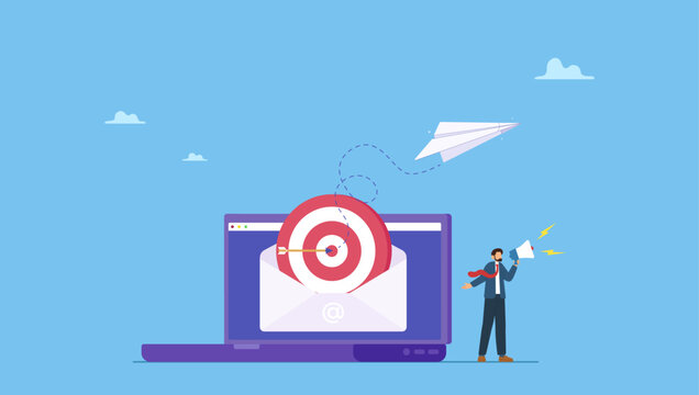 Businessman with megaphone and targeting email on computer laptop. Email marketing, subscribe newsletter or sending online promotion to drive customer to website, communication and advertise.