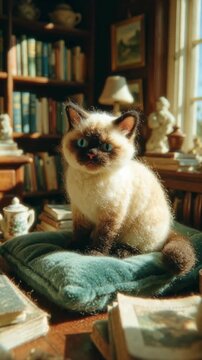 Cozy Cat in Library - A Serene Moment of Feline Relaxation.