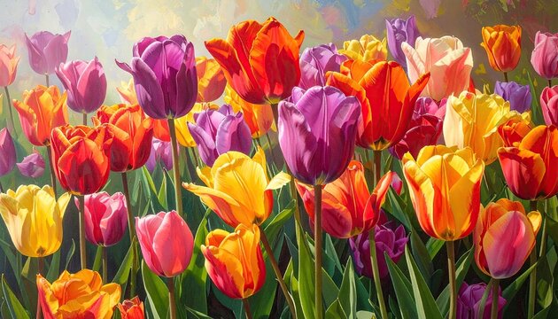 A vibrant close up of a field filled with colorful blooming tulips in various shades of red orange yellow and purple under soft sunlight. - Powered by Adobe