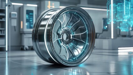 Polished, futuristic vehicle wheel on reflective floor in a clean, high-tech laboratory setting