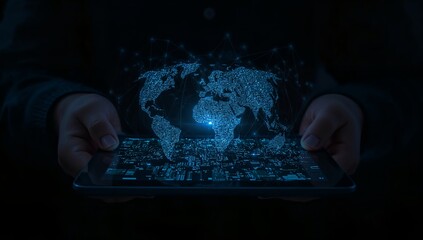 A person holding a tablet displaying a glowing world map, representing global connectivity and digital innovation. The scene is enveloped in a cool, tech-infused ambiance