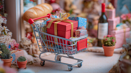 Small Shopping Cart with Red Gift Box, Holiday Shopping and Gift Purchase Concept