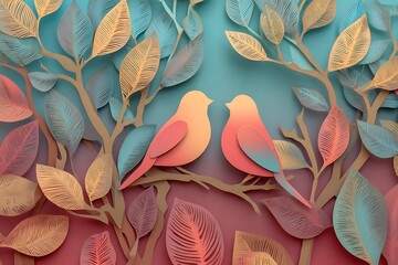 A serene paper art illustration featuring two birds perched among layered leaves and branches in pastel teal, coral, and peach tones.