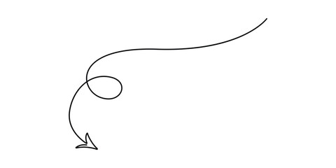 Simple continuous line drawing of a curved arrow. Minimalist, black-and-white vector illustration