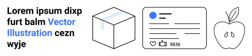 E-commerce, social media engagement, minimalist design, packaging concepts, modern communication, healthy lifestyle. Box, social media interface and apple illustration. E-commerce and social media