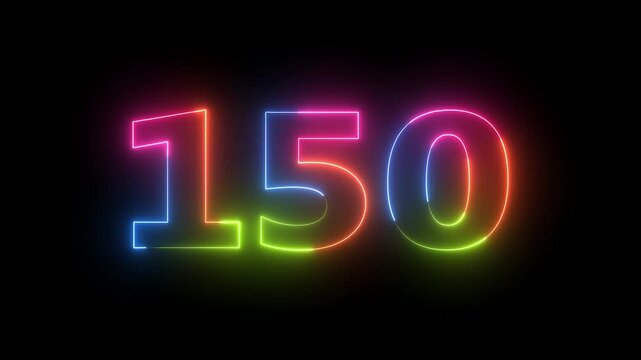 Neon light glowing number 150 on black screen