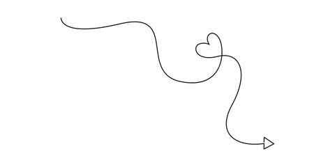Minimalist continuous line drawing that typically represents a travel route or path with a heart symbol. Concepts for graphic design to symbolize love, travel, or a journey