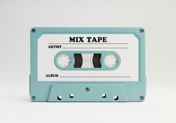 Fototapeta premium Light blue compact audio cassette featuring a white label for custom text presentation