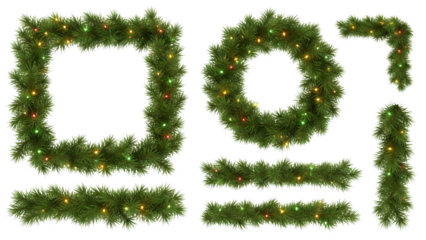 A collection of festive christmas elements including wreath, garland frames, and border segments with lights isolated on transparent background