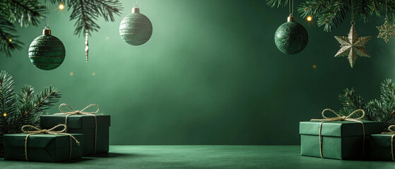Minimal Christmas background with deep green tone, soft light gradient and subtle festive glow, clean modern holiday style with large copy space, ideal for banners, ads and seasonal design