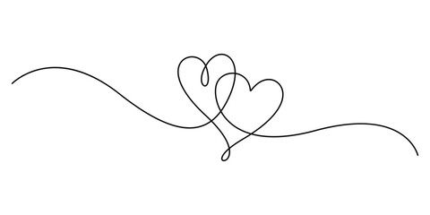 Minimalist illustration of two hearts created with a single, continuous line. One line drawing hearts sign vector illustration