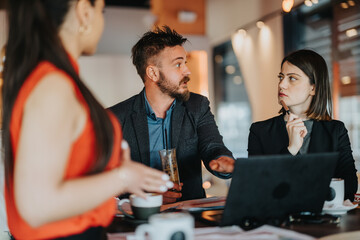 A group of colleagues in a modern cafe style office discuss plans over coffee, with a laptop and documents on the table, capturing collaboration, focus, and professional teamwork in a casual setting.